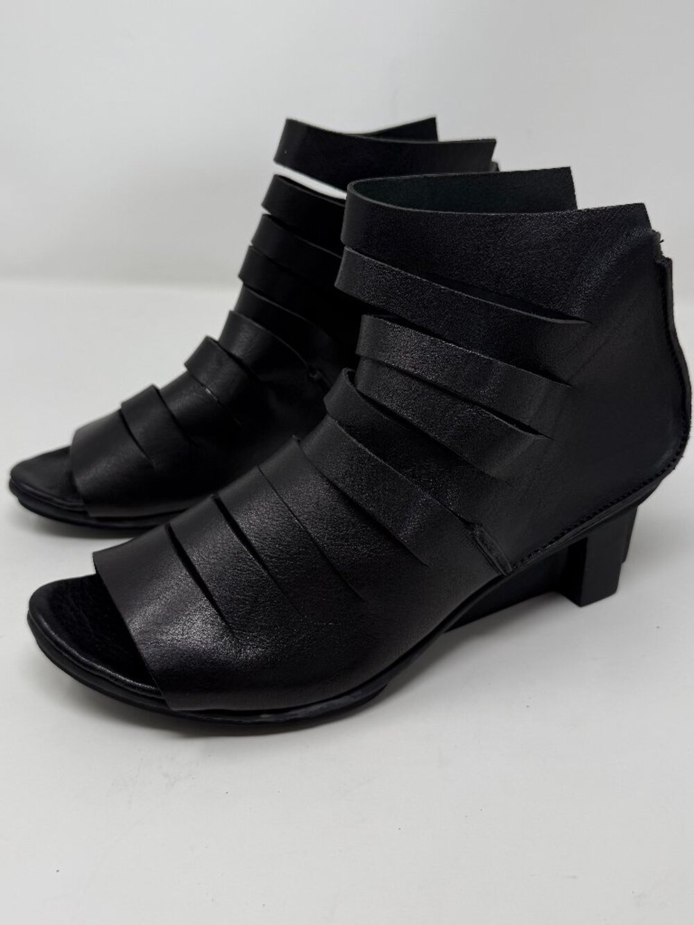 Trippen Leather Modernist Black Cut Out Peep Toe Wedge Sandals
